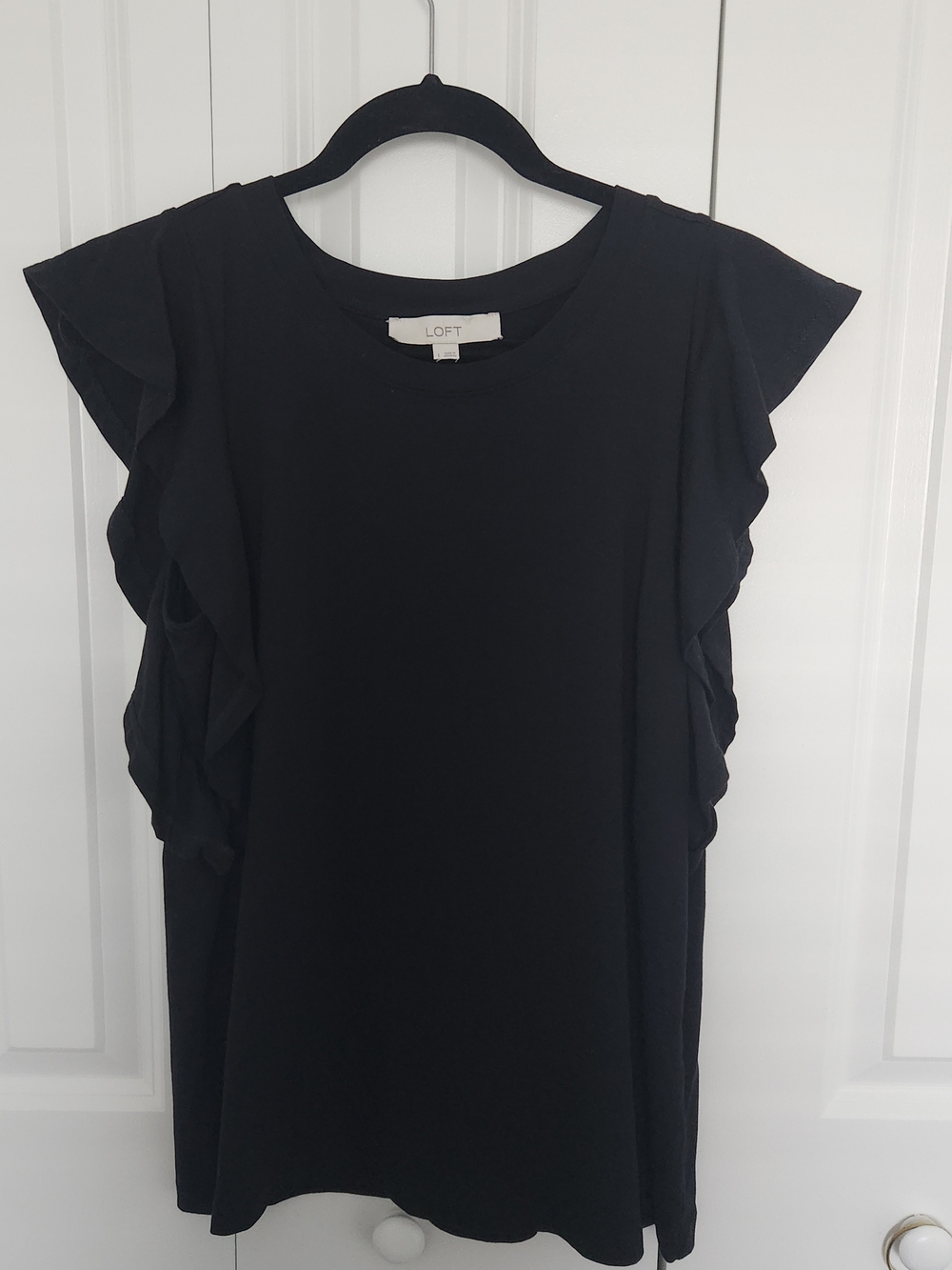 LOFT Black Crewneck Ruffle-Sleeve Top